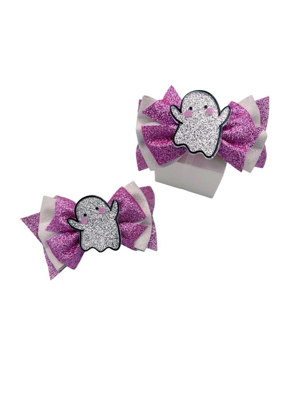 Glitter Ghost Bow Hair Clips - Pink, White & Silver